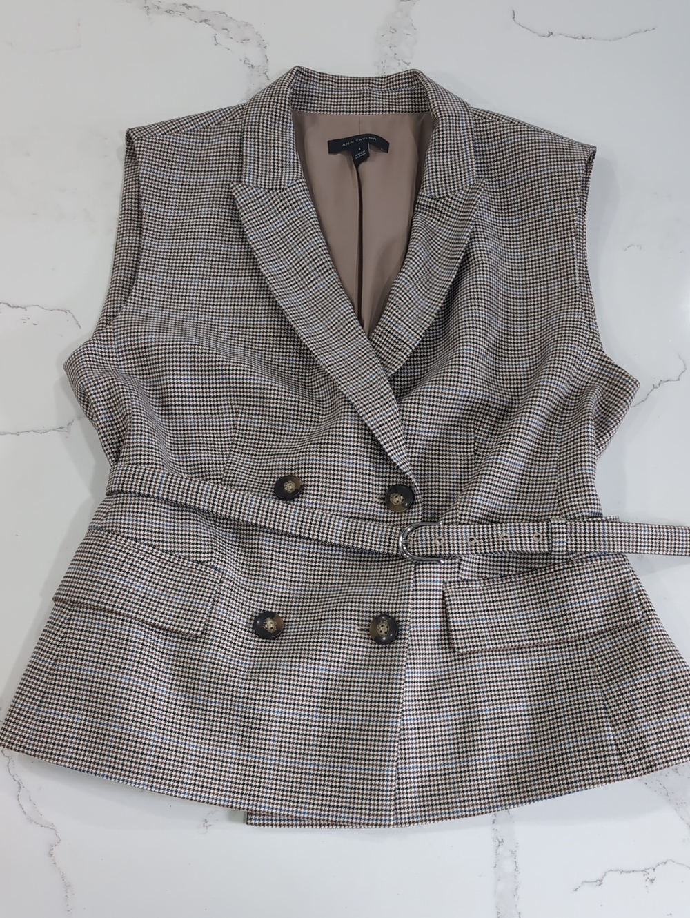 Ann Taylor Checked Double-Breasted Blazer Vest in Beige and Black w/ Belt Size 8